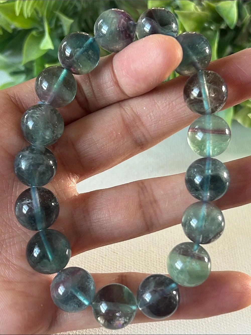 12mm Fluorite beaded stretch bracelet green blue & purple beads